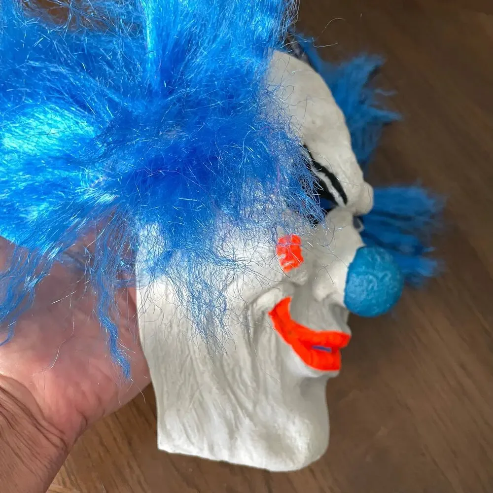 Creepy Clown Mask Halloween Costume Black Light Glows Pennywise Blue Hair NWT